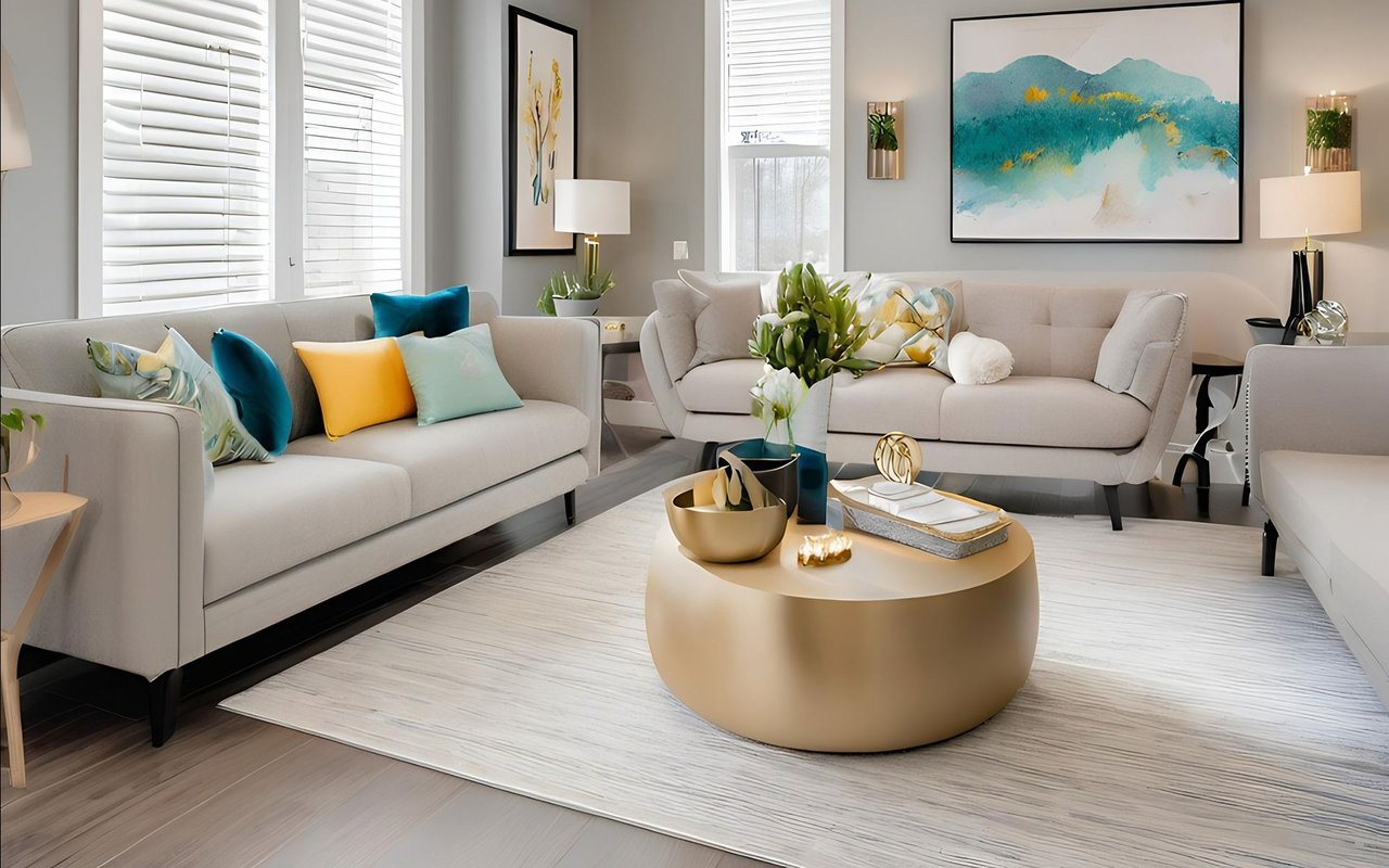 Staged living room with pale sofas, colorful cushions, and a round gold coffee table.