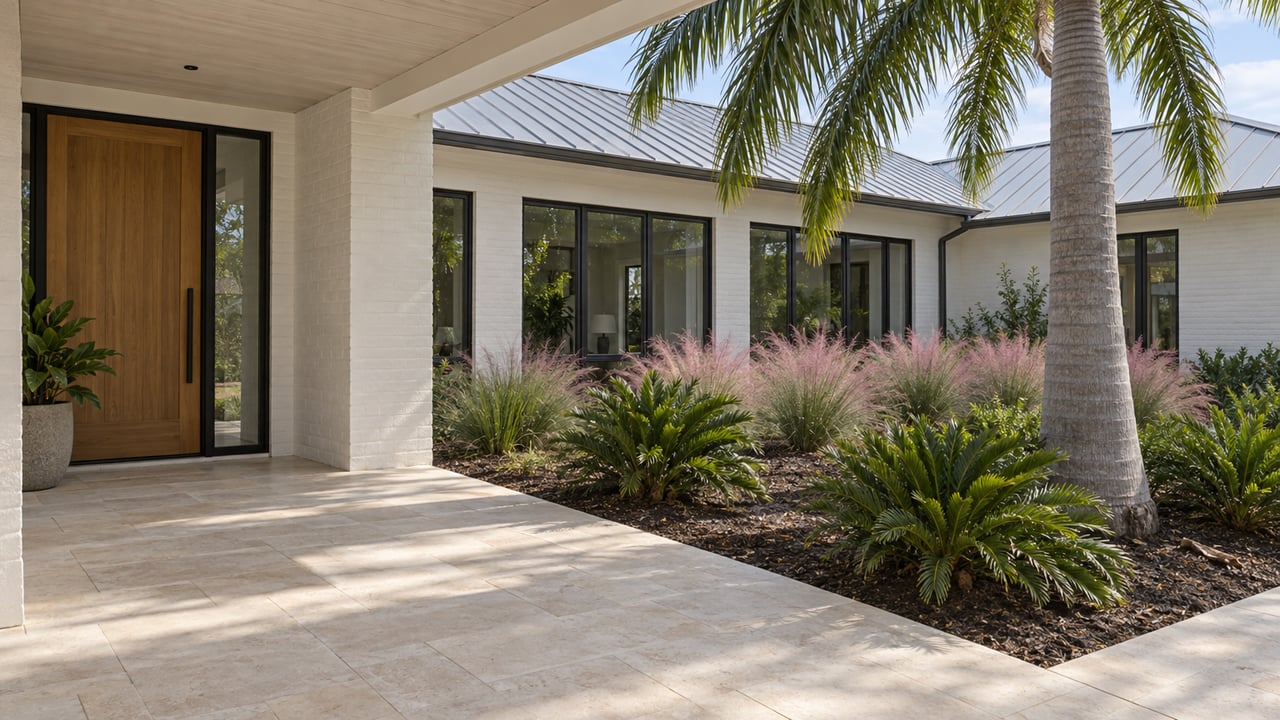 Sunlit white masonry home with a wood entry door, black-framed windows, pale paver porch, and a sculptural palm beside a planted garden court.
