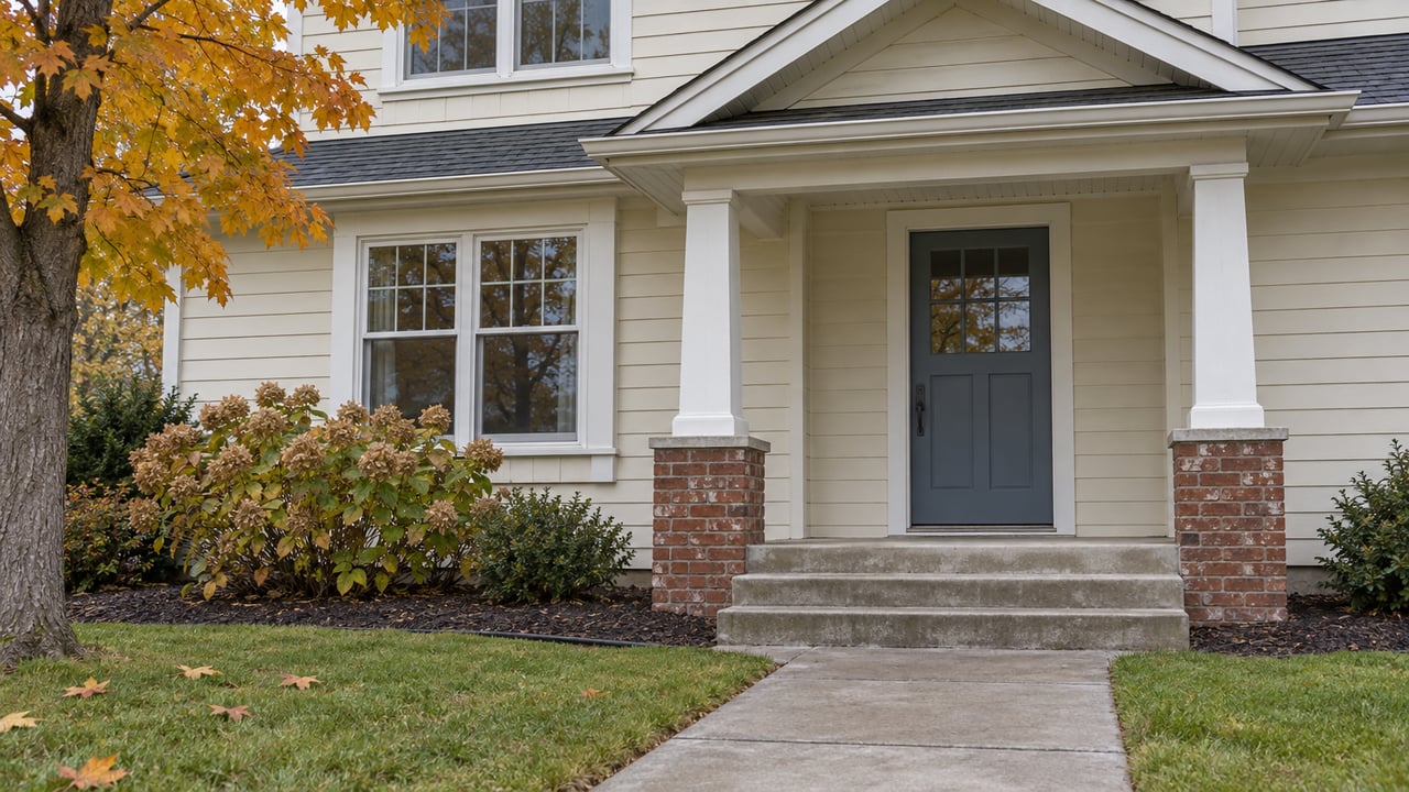 House exterior with a blue front door, brick-based porch columns, and orange autumn foliage.
