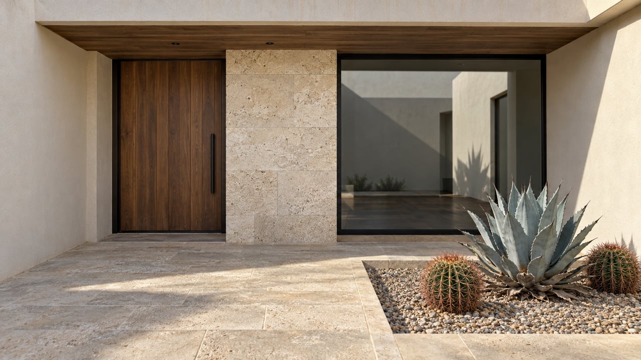 Sunlit limestone approach to a shaded wood entry, with pale stucco, black-framed glazing and a gravel bed of sculptural agave and barrel cacti.