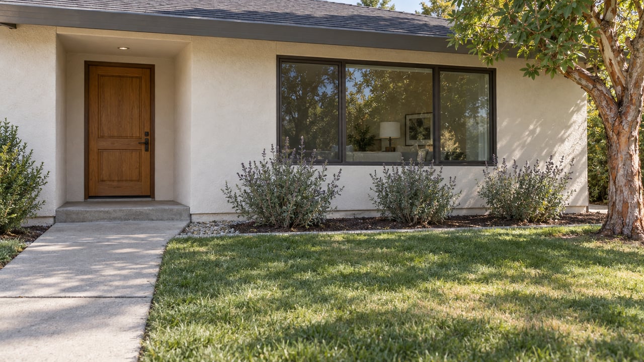 An updated single-story stucco home with an oak entry door, broad window and landscaped front lawn in late-morning light.