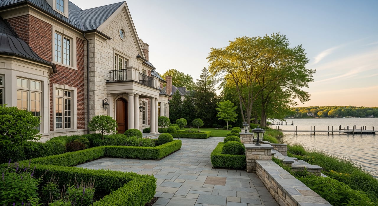 Large stone-and-brick mansion beside a landscaped terrace, with a dock and lake beyond.