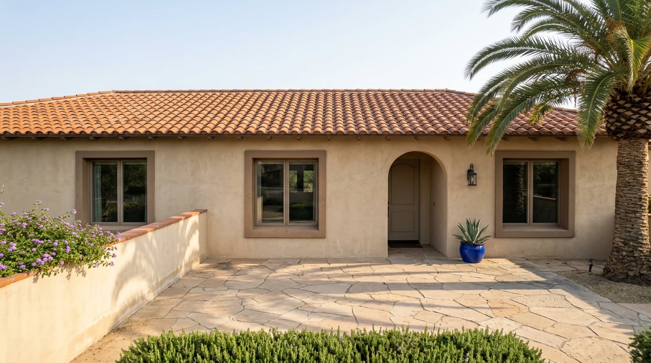 Sand-toned stucco house with a terracotta tile roof, arched entry, and palm beside a flagstone motor court.