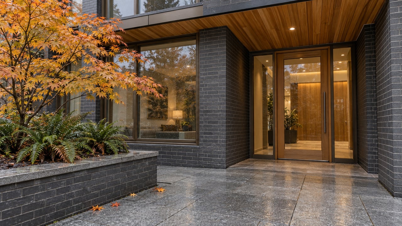 Close view of a condominium entrance with charcoal brick, cedar soffit, bronze-framed glass and an autumn vine maple in a raised planter.