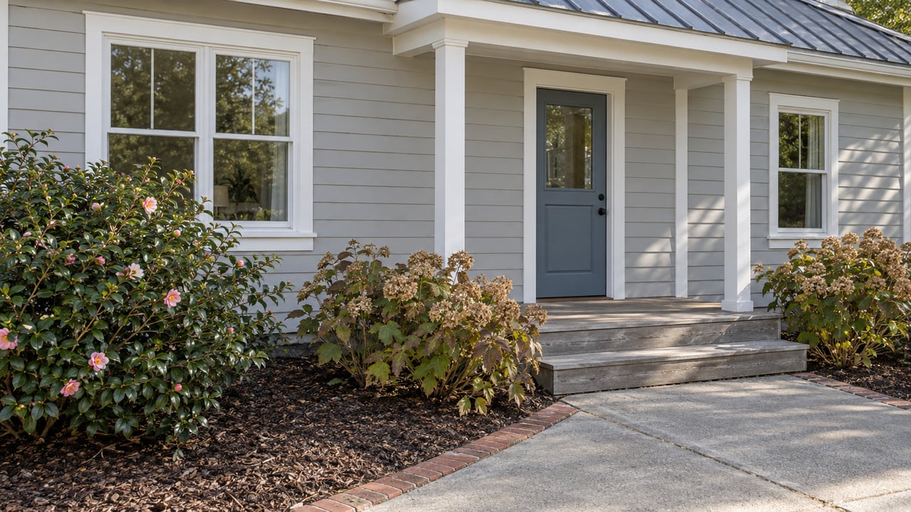 Pale gray house with a blue front door, sheltered timber porch and brick-edged garden beside a concrete walk.