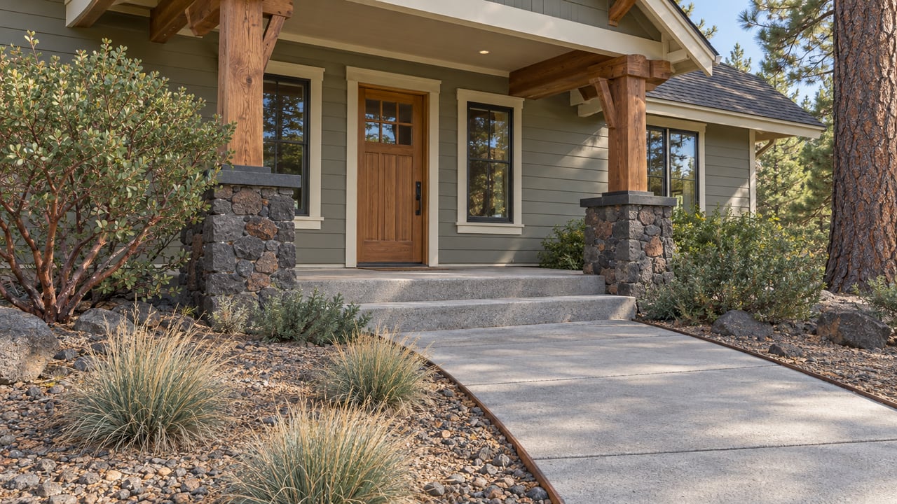 Gray-green home with a timber-and-stone covered entry, broad concrete steps, and native planting beneath a mature pine.