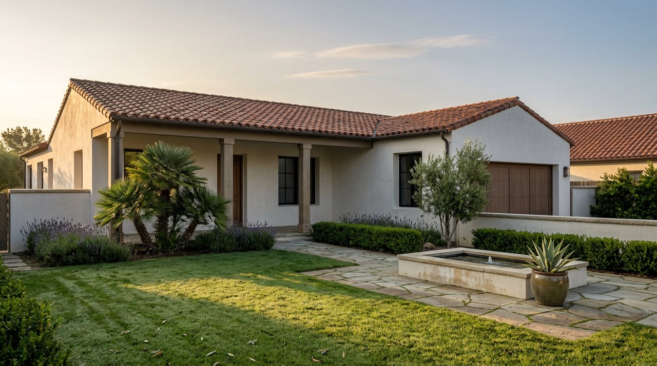 Single-story stucco house with a terra-cotta tile roof beyond a lawn, flagstone path, and small reflecting fountain.