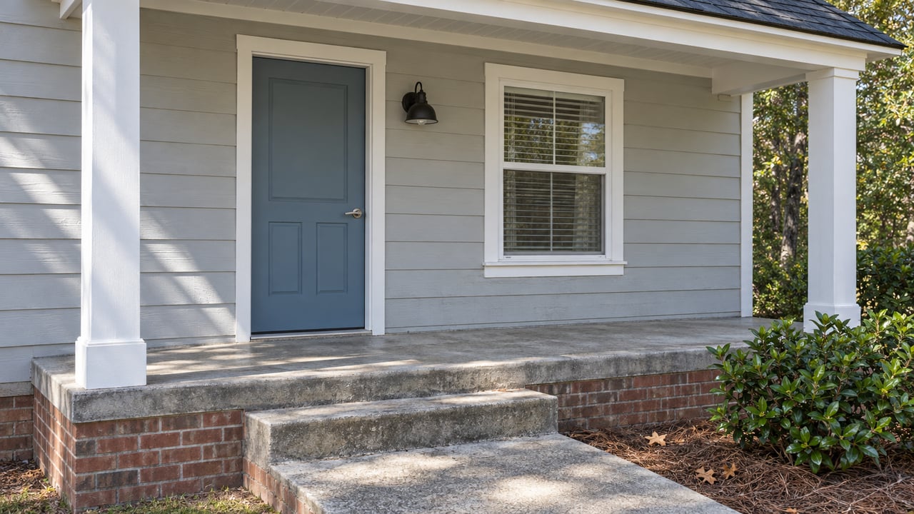 Pale-gray cottage entry with a muted-blue door, white porch posts, concrete steps and a gardenia beside brick-edged mulch.