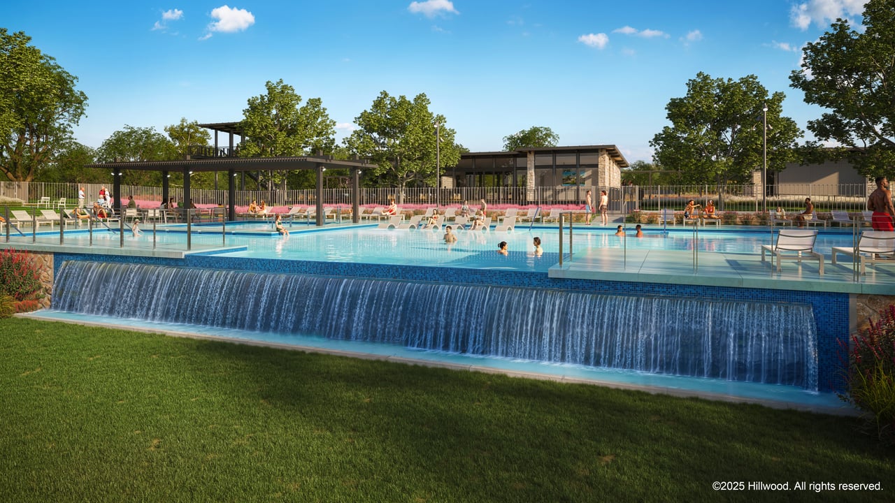 Rendering of Landmark Hillwood resort-style infinity pool overlooking Pilot Knob 839-foot peak at Denton master-planned community amenities