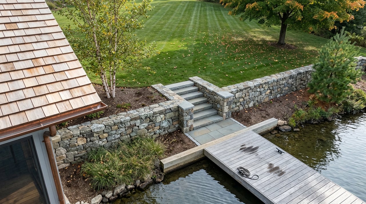 Cedar-shake lakeshore home above a fieldstone retaining wall, with a diagonal plank dock reaching calm water.