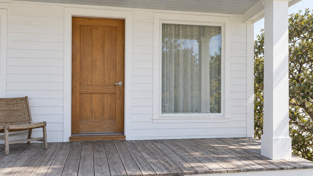 White-sided coastal home entry with an oak door, tall glazed window and weathered cypress porch beneath a shaded roof.