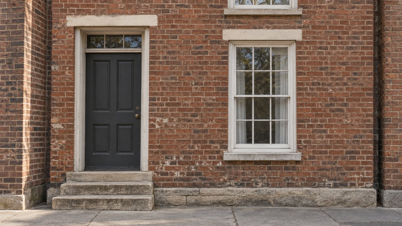 Historic brick home with a dark paneled door, sash window, and three worn limestone steps.