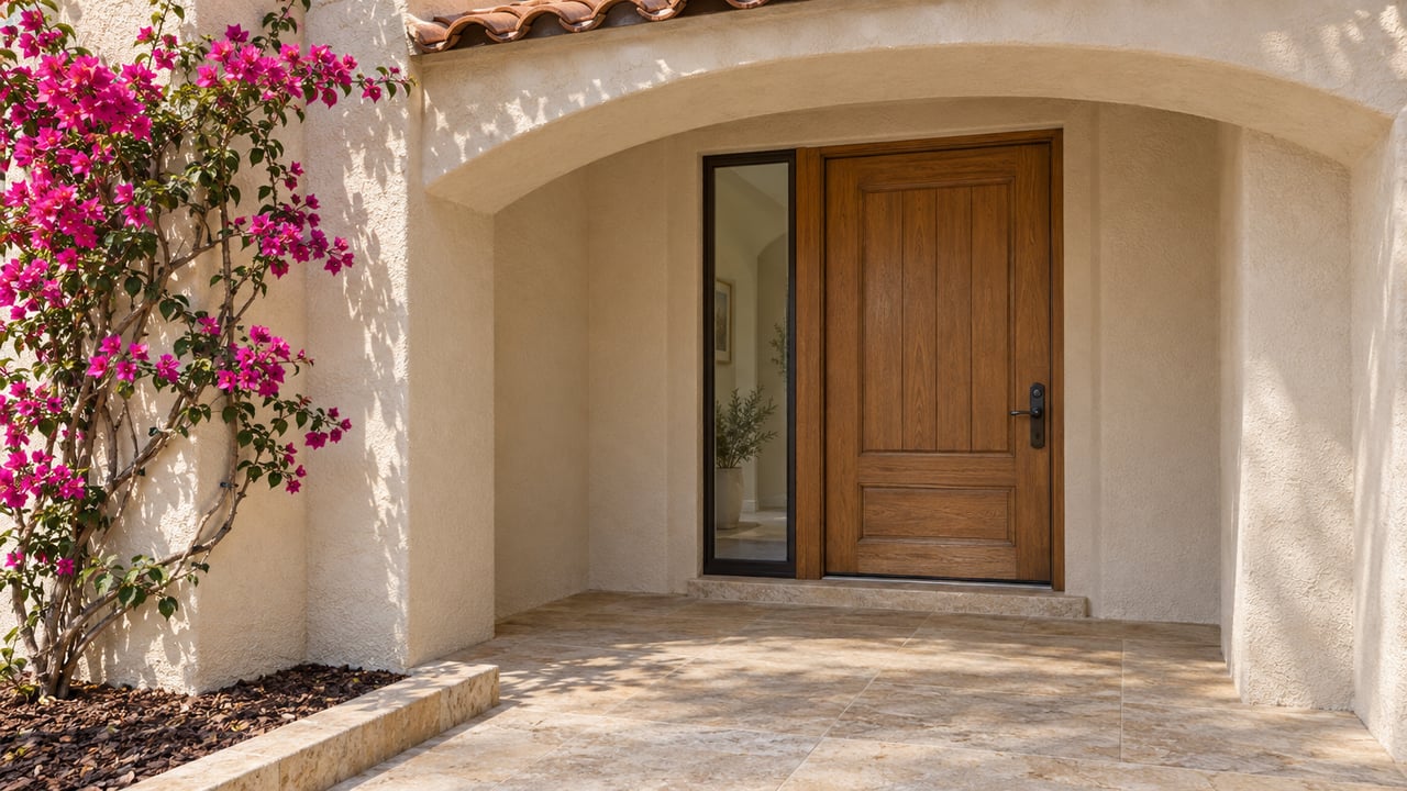 Sunlit stucco home entrance with an oak door, limestone paving and magenta bougainvillea climbing beside a covered arch.