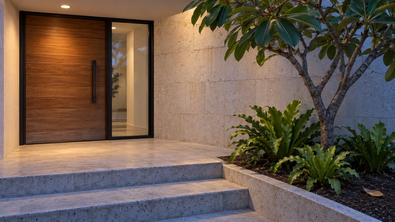 Warmly illuminated wood front door and limestone entry steps beside a plumeria and bird’s-nest ferns at blue hour.