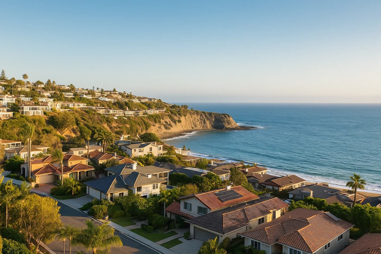 Aerial view of coastal homes in Dana Point, California, overlooking the Pacific Ocean with rocky cliffs, sandy shoreline, and blue water under a clear sky.
