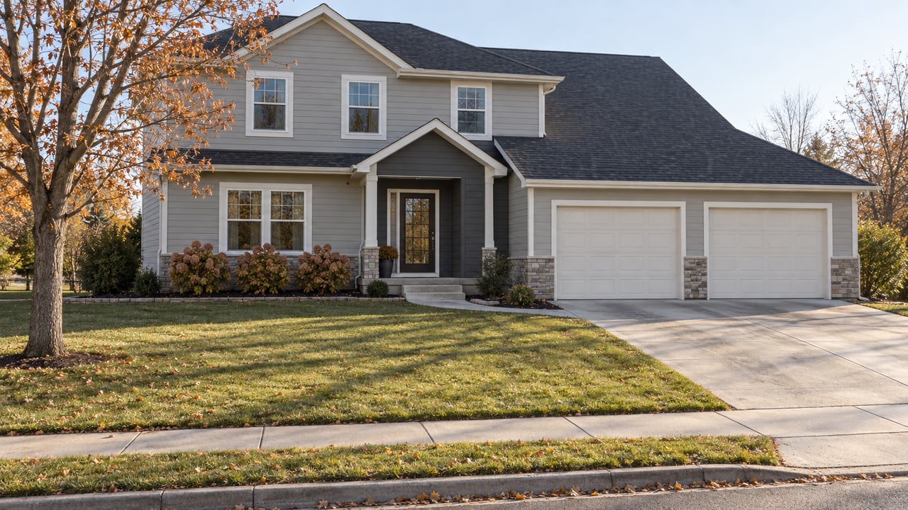Light-gray two-story home with charcoal gabled roofs, a broad concrete driveway and a deep autumn lawn beside a copper-leaved maple.