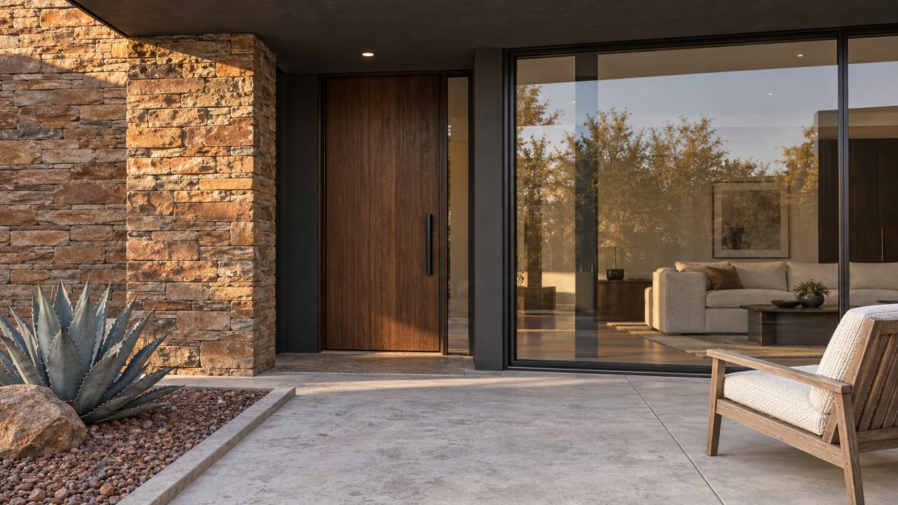 Desert-modern home entrance with russet stone, a walnut door, charcoal stucco and a single agave beside a pale concrete terrace.