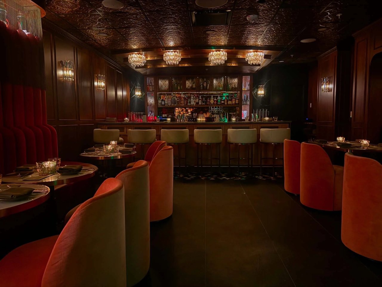 Intimate interior of The Winfield, a hidden underground cocktail lounge in Downtown St. Petersburg, Florida.