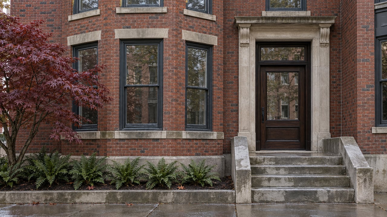 Historic red-brick condominium facade with tall sash windows, a recessed oak entrance, worn limestone steps and a small autumn planting bed.