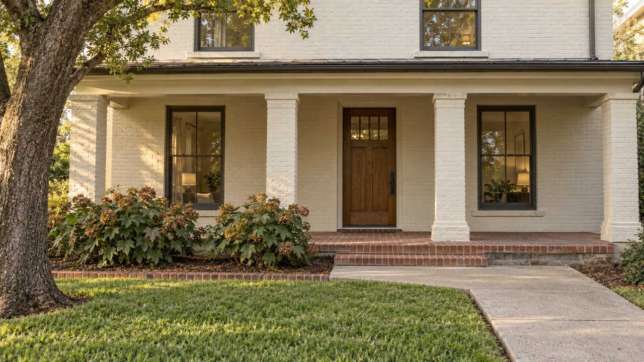 Ivory painted-brick home with a shaded porch, oak front door, brick steps and a curved concrete garden walk beneath a mature oak.
