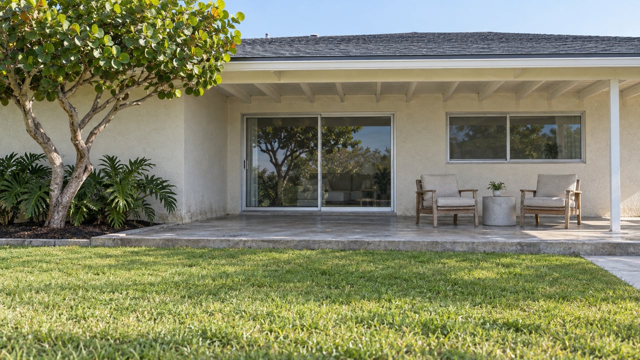 A low-roofed white stucco home opens onto a shaded concrete patio with two teak chairs, framed by a broad lawn and a sculptural sea grape tree.