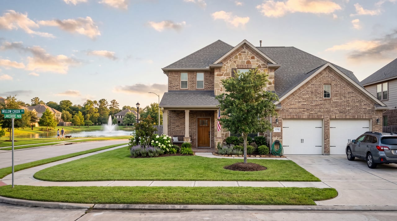 North Katy two-story brick home by a fountain lake; Willow Creek Dr and Lakeshore Path street signs