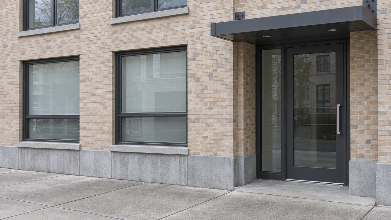 Buff-brick apartment entrance with charcoal-framed windows and a shallow metal canopy beside a concrete sidewalk.