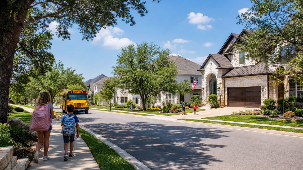 Stone homes line a leafy neighborhood street as children walk toward a school bus.