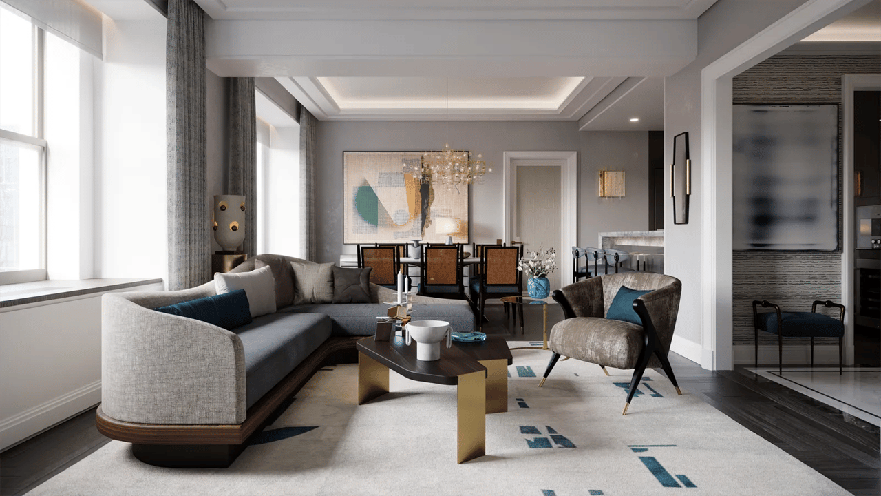 Living and dining room with a gray sectional, large windows, and contemporary artwork.