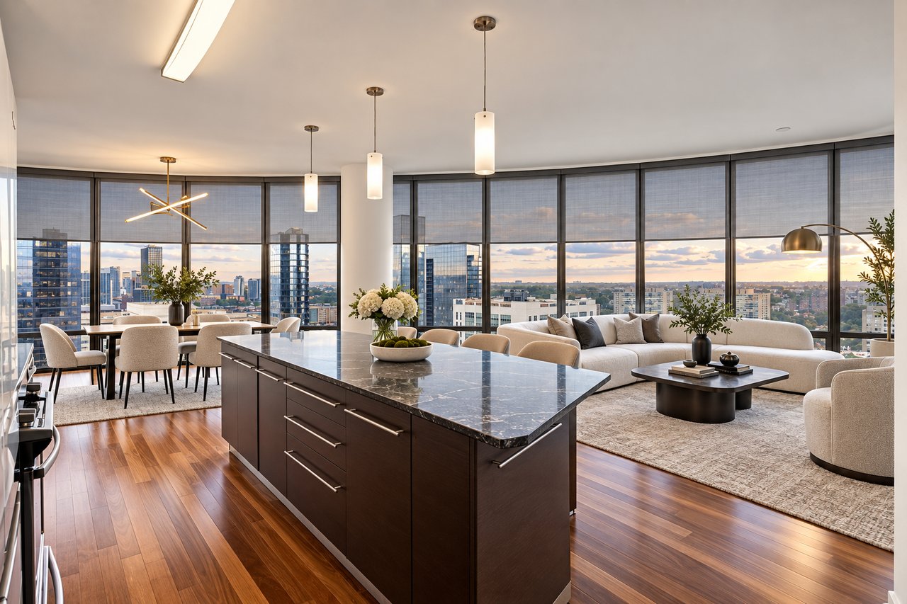 Modern condo kitchen and living area with floor-to-ceiling windows overlooking the city.