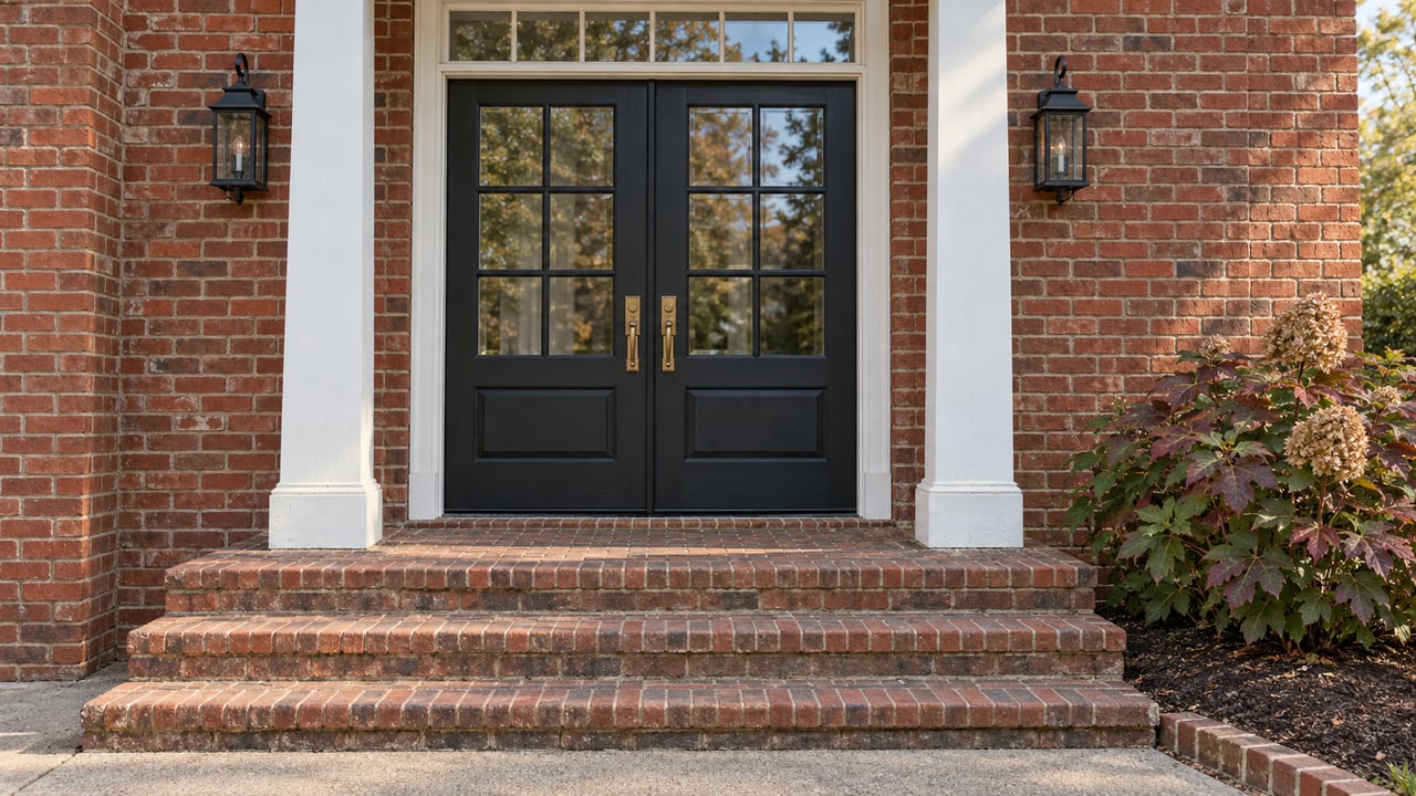 Red-brick home entrance with white pilasters, closed glazed double doors, brick steps and autumn oakleaf hydrangea.