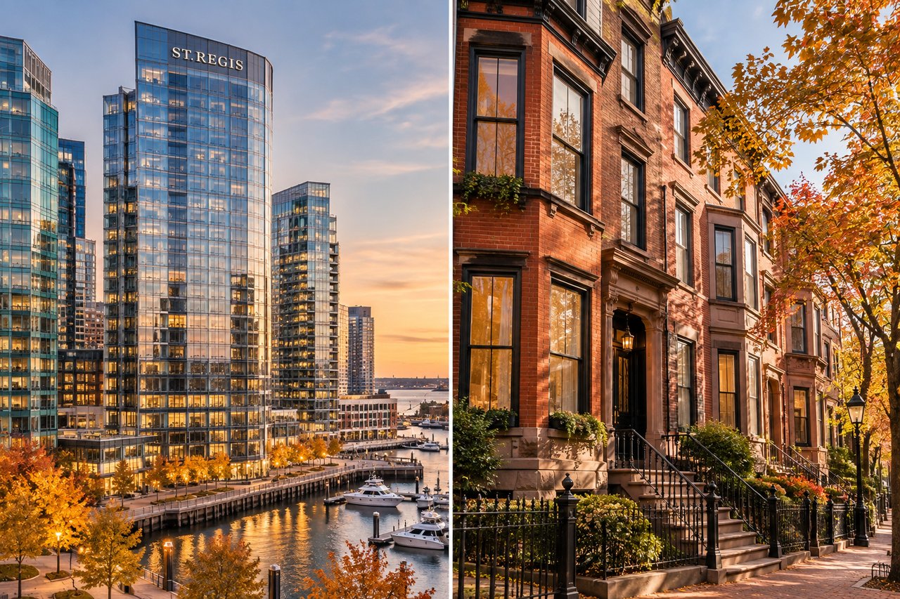 Boston waterfront towers beside red-brick brownstones beneath autumn foliage.