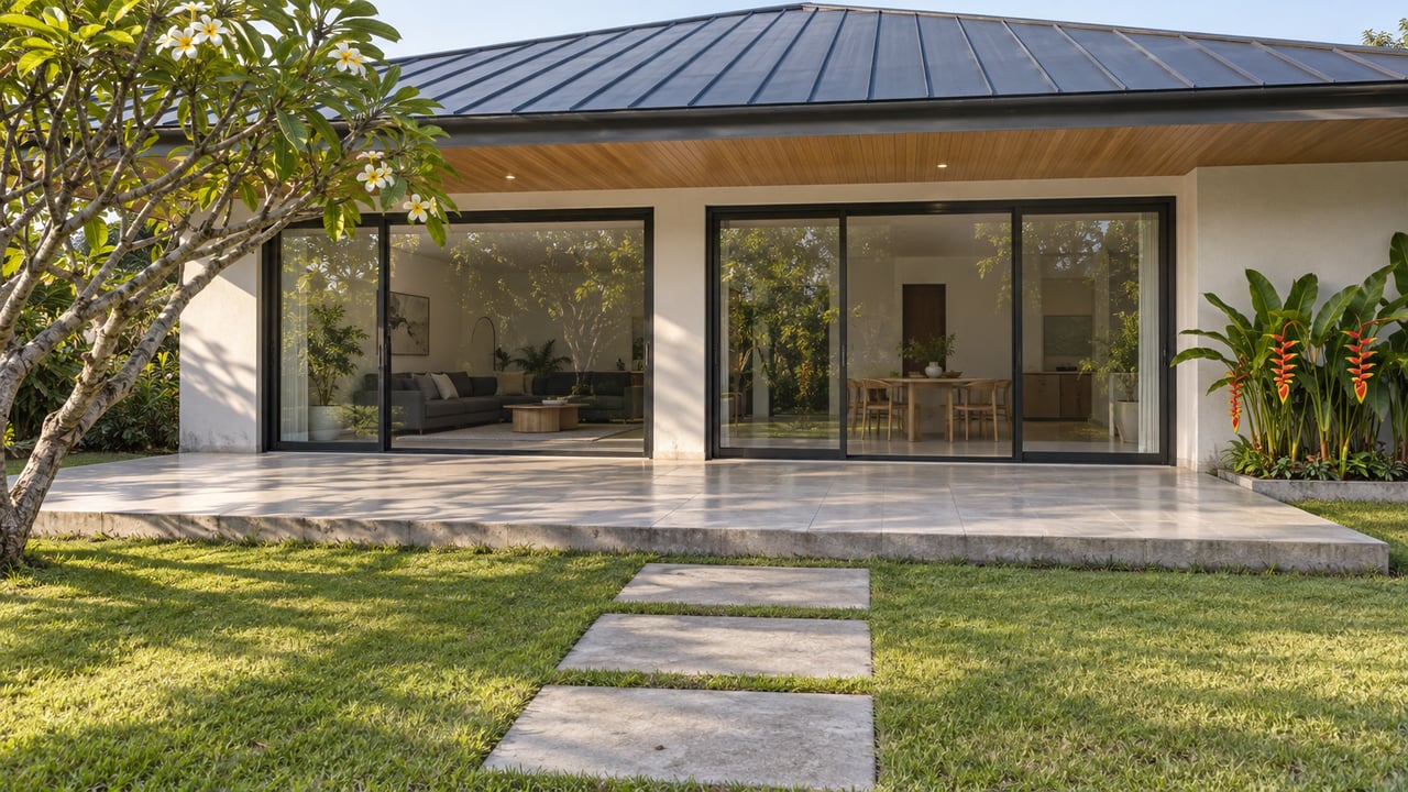 Modern single-story home with shaded sliding glass doors, a pale tiled terrace, deep lawn and flowering tropical garden plants.