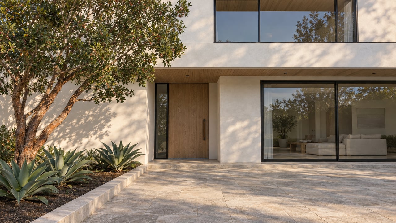 An ivory stucco residence with black-framed glass, a recessed oak entry and limestone approach beside a sculptural strawberry tree and three foxtail agaves.