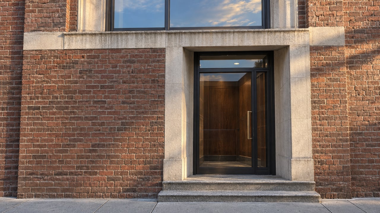 Brick building entrance with a recessed glass door, pale stone surround, and broad steps.