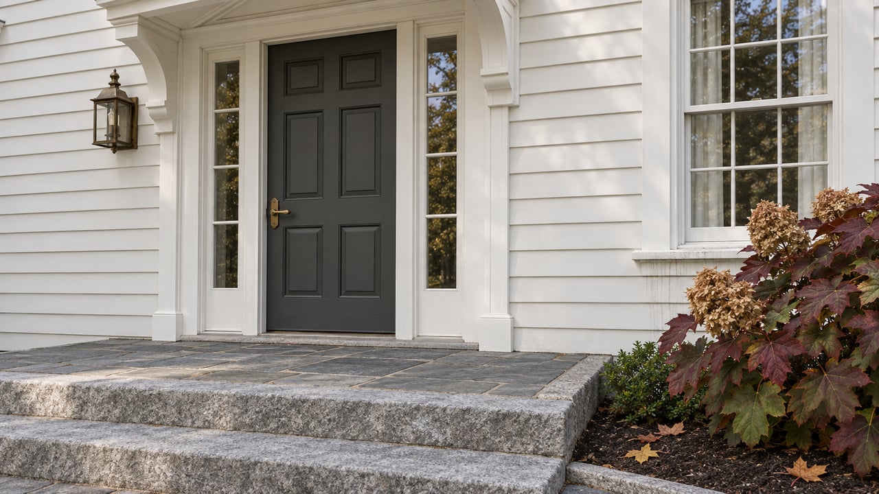 Close view of a charcoal front door with white millwork, paired glazed sidelights, granite steps and burgundy oakleaf hydrangea.