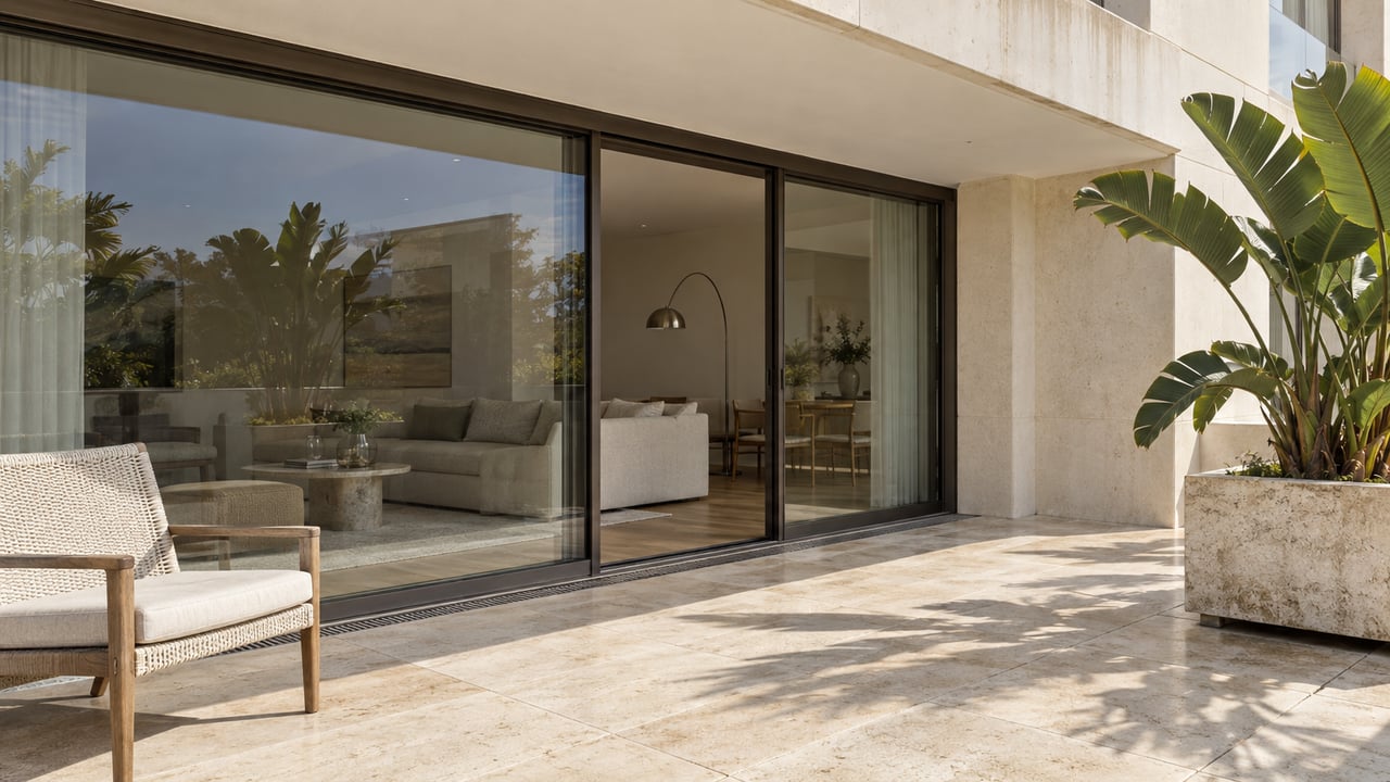 Sunlit condominium terrace with pale travertine flooring, closed bronze-framed glass doors, a teak chair and a sculptural tropical plant.