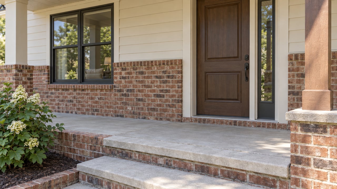Covered entry with a paneled door, narrow sidelight, red-brown brick, cream siding, and an oakleaf hydrangea.