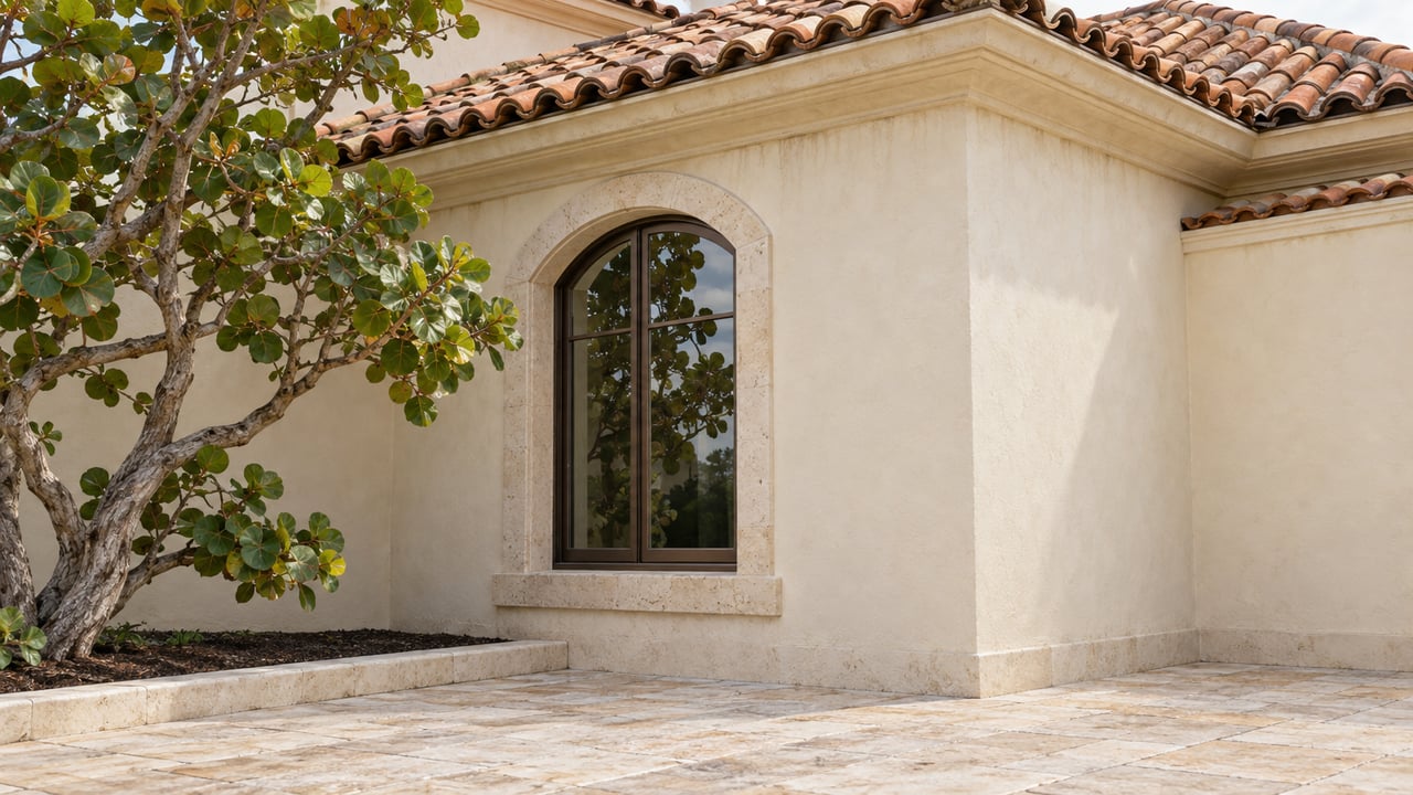 Warm stucco house corner with an arched window, terracotta tile roof, and twisting sea grape tree.
