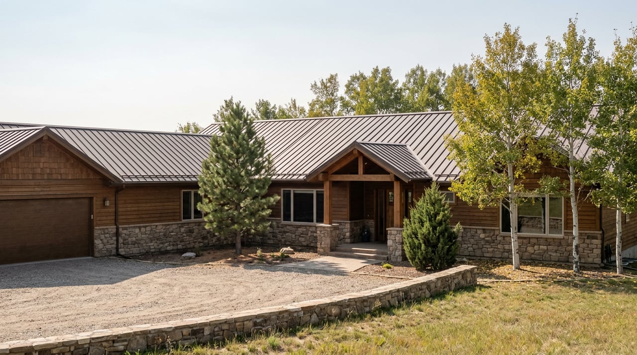 Custom acreage home with fieldstone and cedar walls, a covered timber entry, gravel court, and pasture.