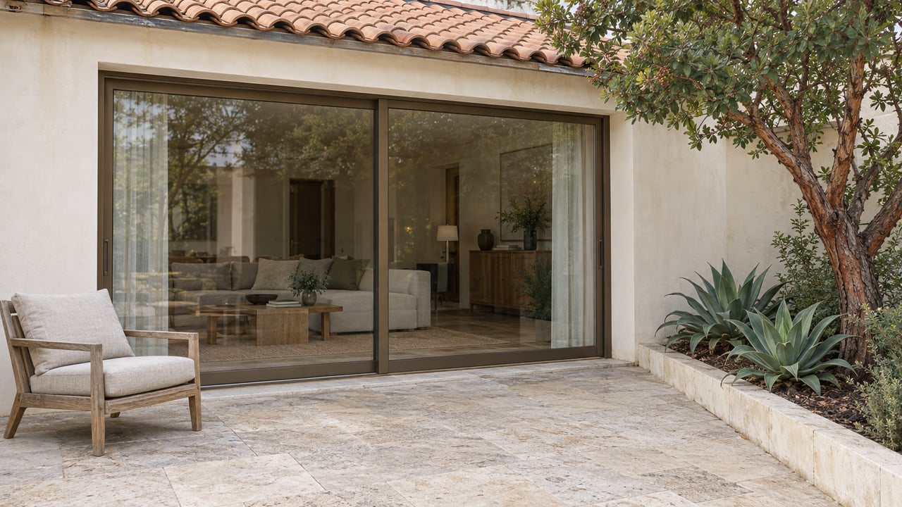 An ivory plaster home with terracotta roof tiles and bronze sliding doors overlooks a limestone terrace with a teak chair and sculptural planting.