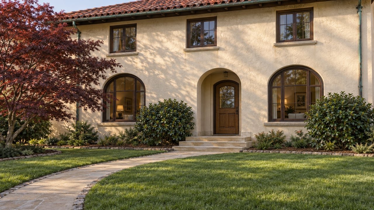 An ivory stucco home with a terracotta roof, arched windows and a deep front garden in late-afternoon light.