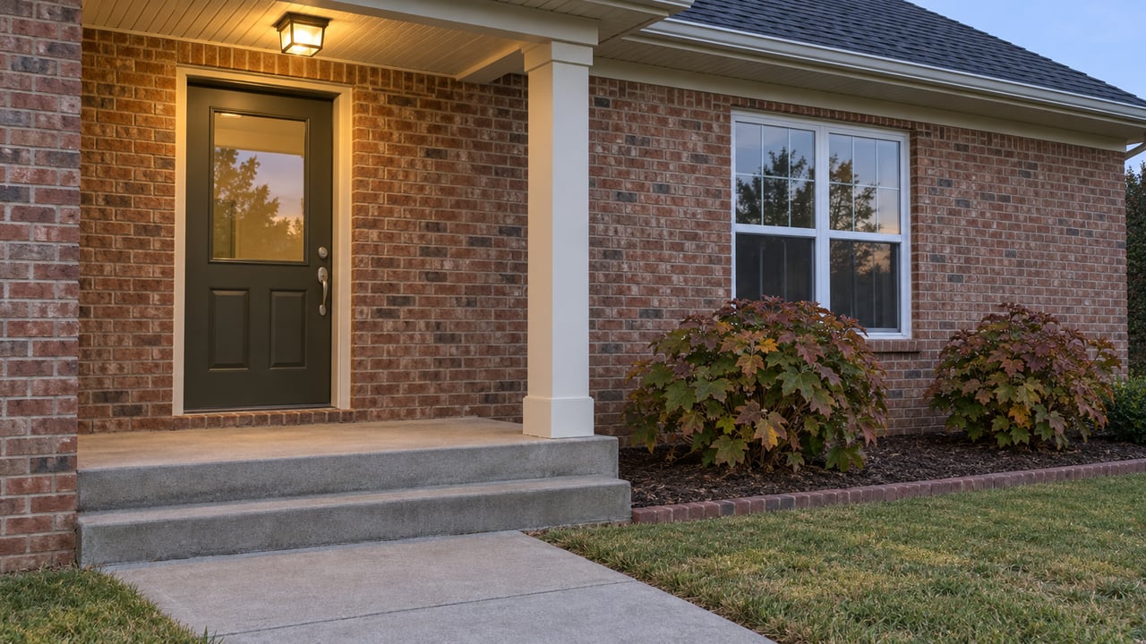 Early-evening view of a brick home's covered entry, olive door, white-framed window and concrete steps beside oakleaf hydrangeas.