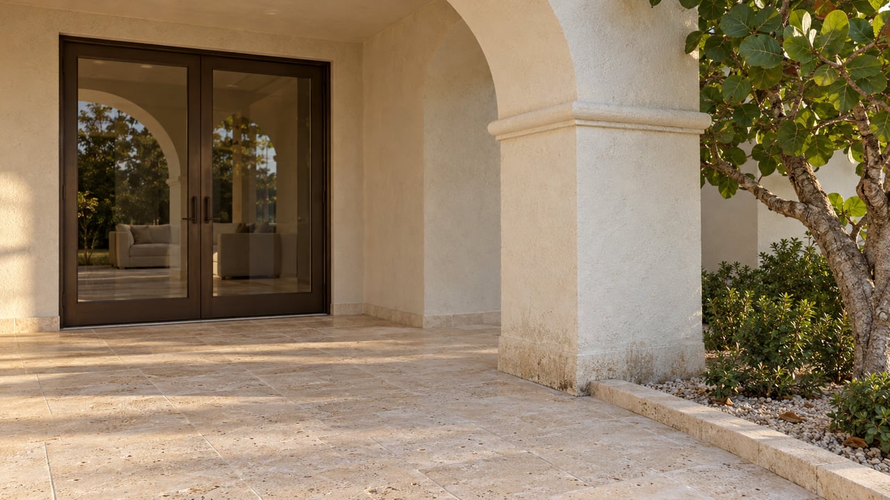 Ivory stucco arch and pale travertine terrace beside bronze-framed glass doors and a sculptural sea-grape tree.