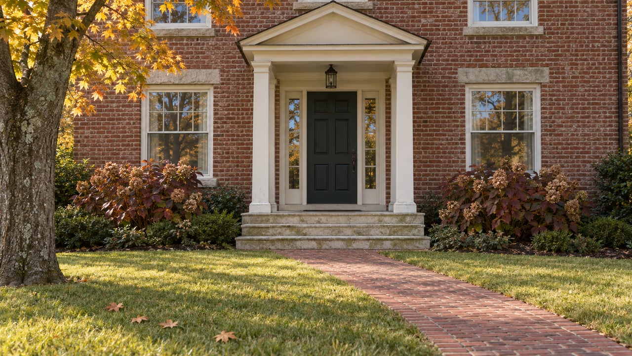 Red-brick home with a covered entrance, limestone steps and a brick walk crossing an autumn lawn beneath an amber maple.