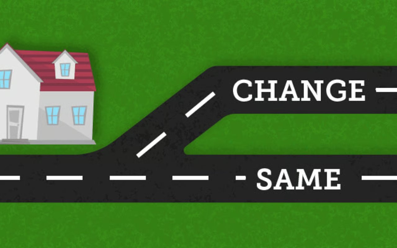 A house beside a forked road labeled “CHANGE” and “SAME.”