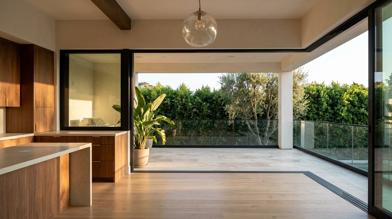 Great room opening onto a covered terrace, with walnut cabinetry, a limestone island, and a potted bird of paradise.