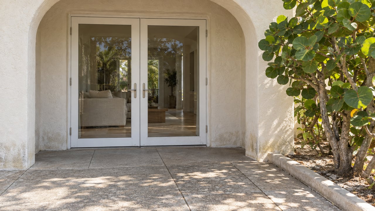 Cream stucco terrace arch with paired glass doors, shell-aggregate paving and a sea grape beside a raised planting border.