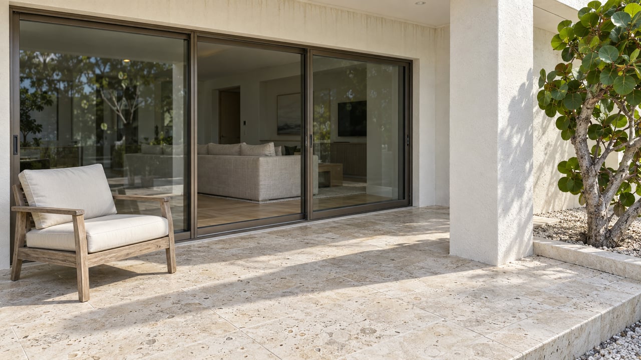 Sunlit covered terrace with pale shell-limestone paving, a teak lounge chair, closed sliding glass doors, and a sea grape beside a raised stone edge.