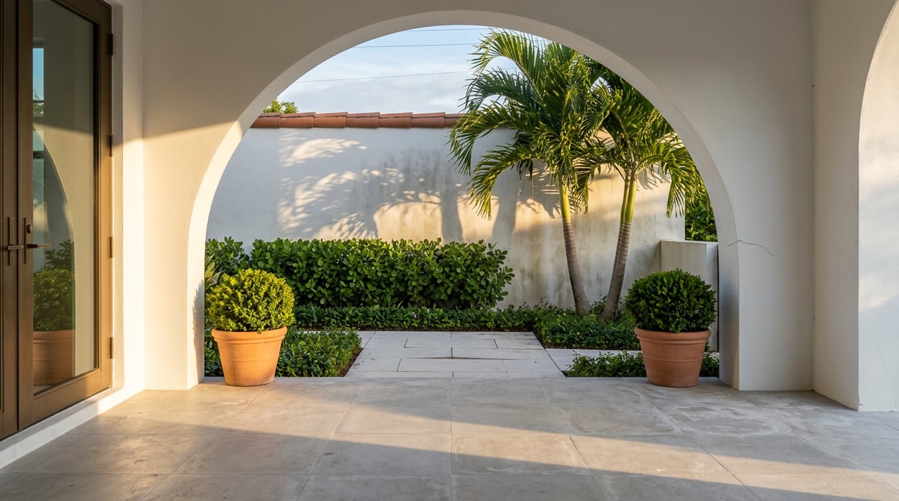 Stucco archway framing a short stone walk, clipped greenery, a palm, and a terracotta-capped garden wall.